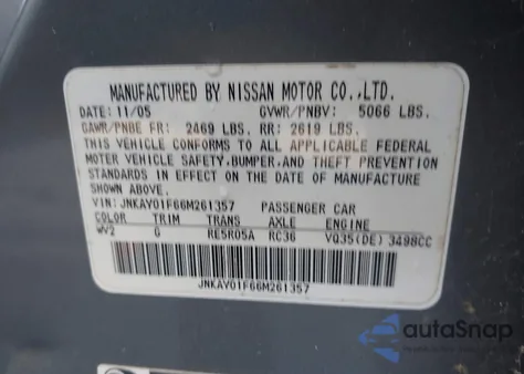 2006 Infiniti M35X z USA, uszkodzony, nr VIN JNKAY01F66M261357